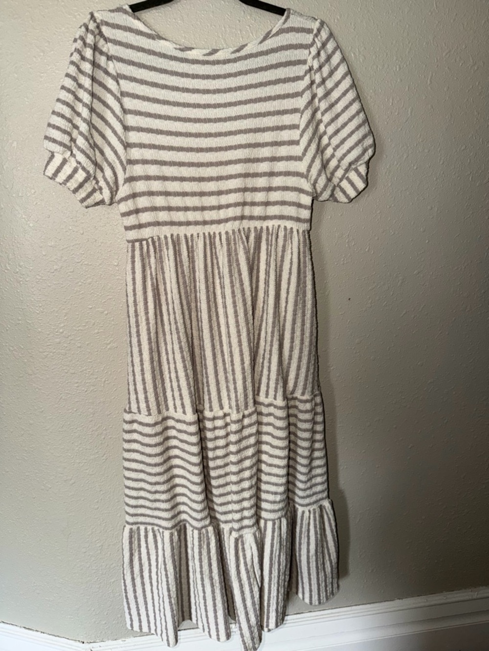 Cream and Taupe Striped Short Sleeve Tiered Maxi Dress - Picture 5 of 5